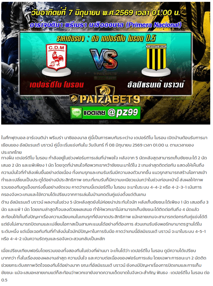 วิเคราะห์บอล อาร์เจนติน่า พรีเมร่า นาซิอองนาล 2026 เดปอร์ตีโบ โมรอน VS อัลมิแรนเต้ บราวน์