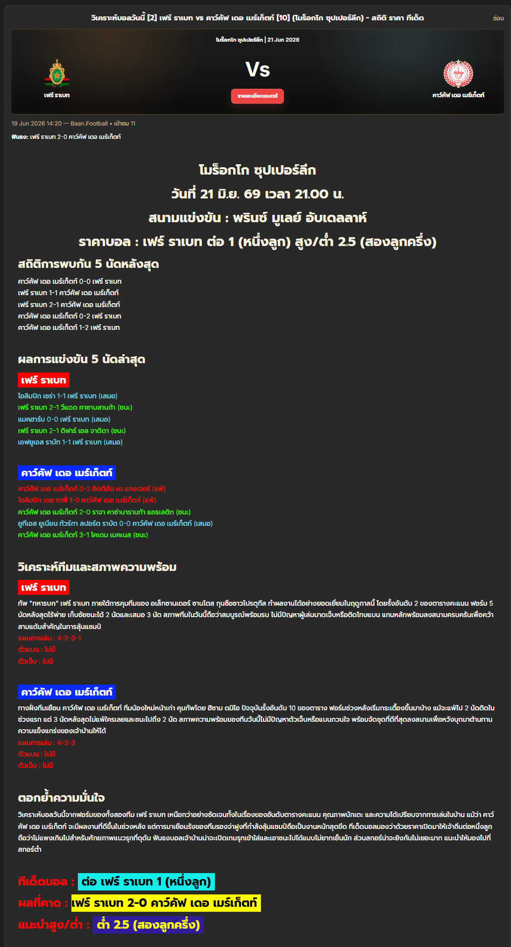 วิเคราะห์บอล โมร็อกโก ซุปเปอร์ลีก 2025-26 เฟร์ ราเบท vs คาว์คัฟ เดอ เมร์เก็ตท์