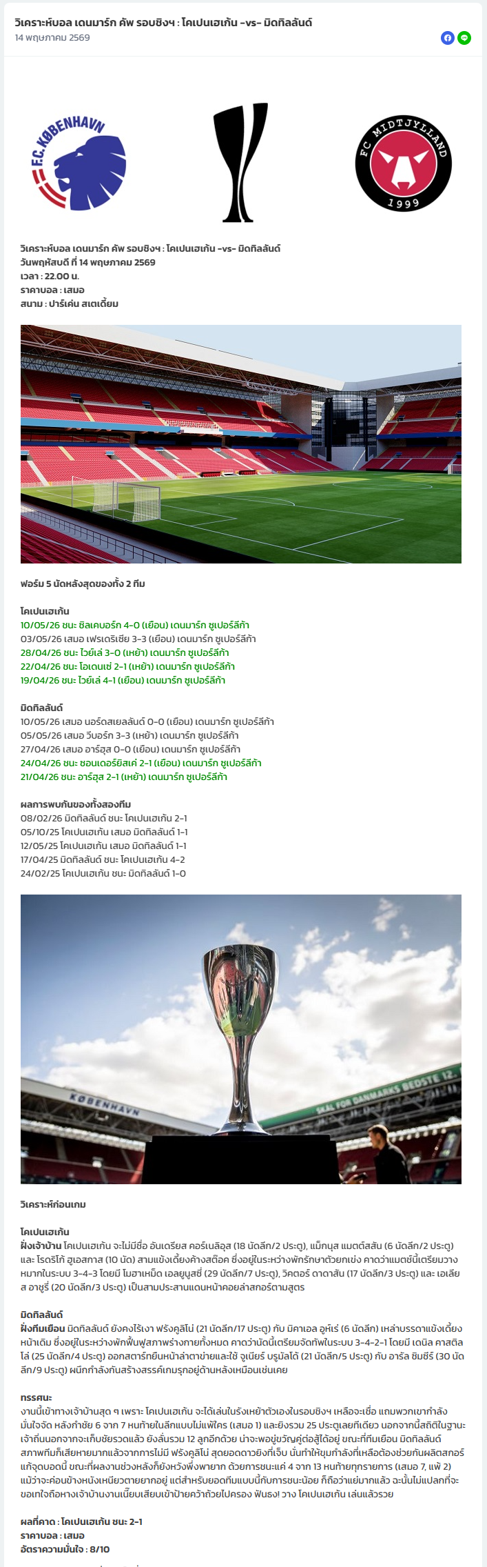 วิเคราะห์บอล เดนิช คัพ 2025-26 โคเปนเฮเก้น VS มิดทิลลันด์